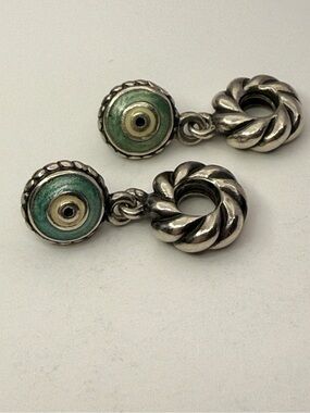 Pandora Dangle Charm Pair Green Enamel Evil Eye Style Sterling Silver